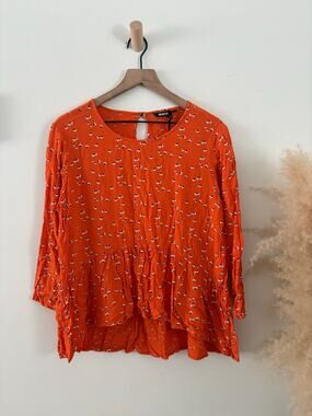 RAGA Orange Floral Hi Low Peplum Top XL Casual Boho Cottagecore